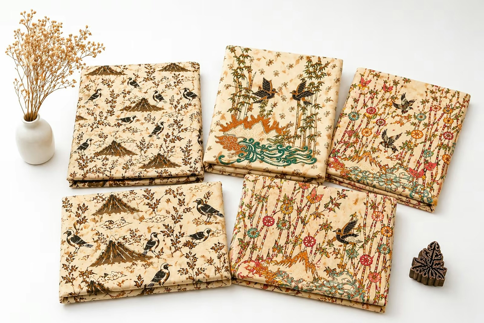 Lima kain batik terlipat dengan motif alam